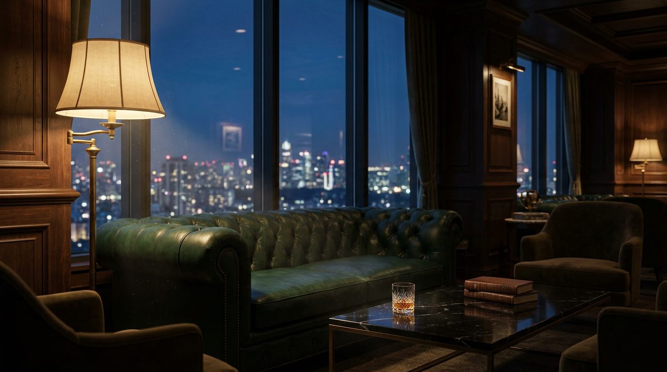 A dark private lounge with a city skyline at night