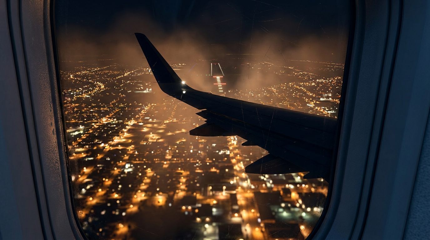City lights seen from a plane window during a night descent
