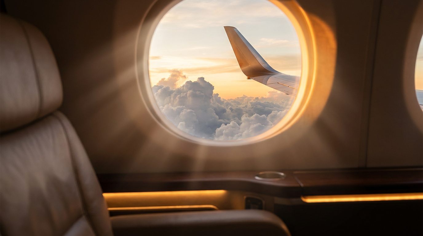 A golden cloudscape seen through an aircraft window