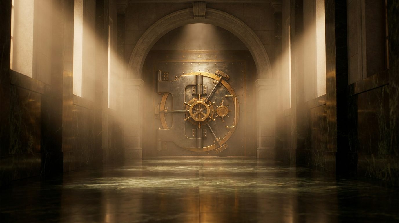 A brass vault door at the end of a marble corridor